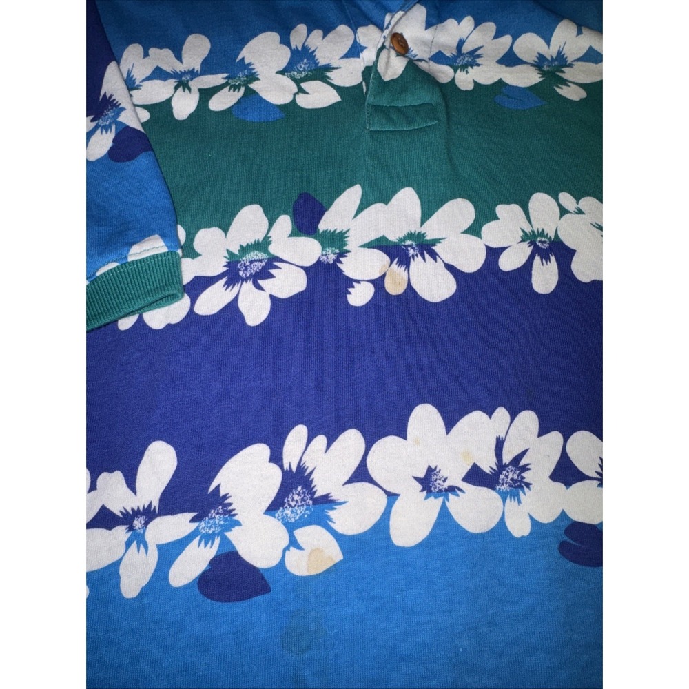 Vintage Hawaiian IDT Surf Polo M Large L Blue Teal Floral Aloha Flower Striped - Picture 6 of 9